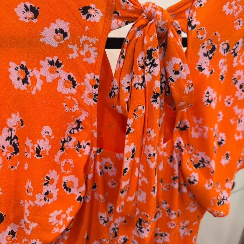 Whistles Vibrant Orange Floral Print Midi Dress, Size 2